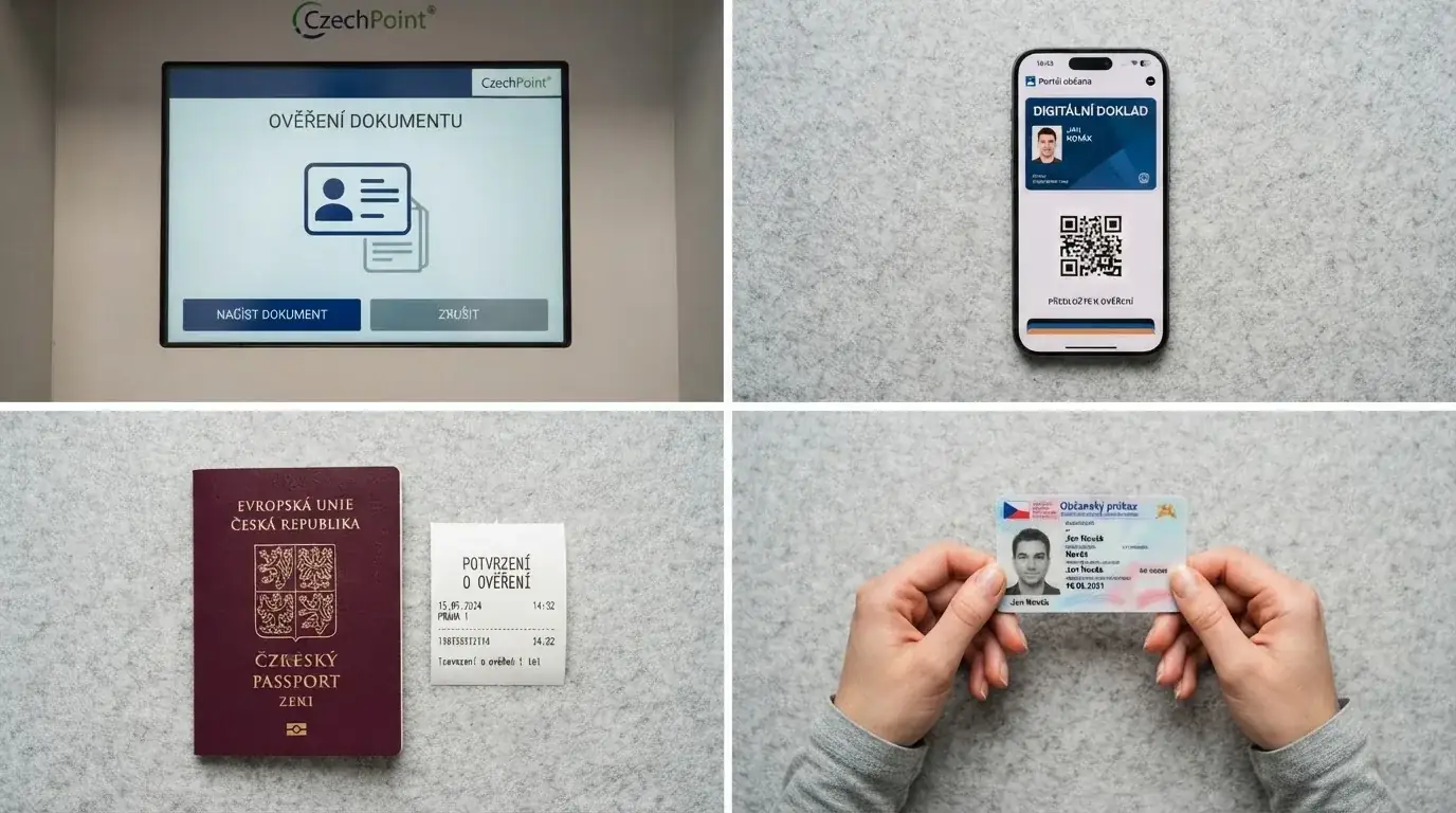 Infografika čtyř způsobů ověření totožnosti — Czech POINT, NeteraID, nahrání dokladů a kamenná pobočka