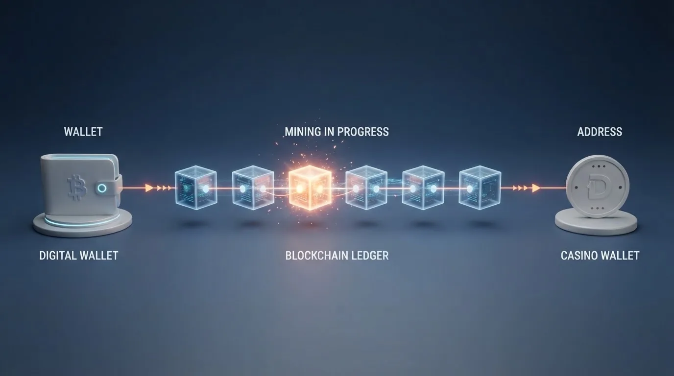 Schéma bitcoinové transakce: peněženka odesílatele, blockchain s nepotvrzenou transakcí, vytěžený blok, adresa kasina