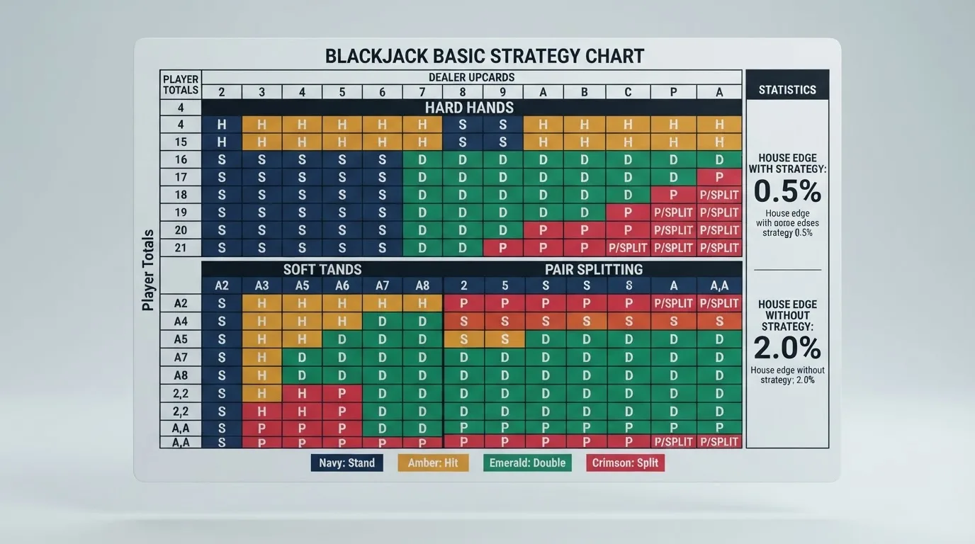 Barevně odlišená tabulka základní strategie blackjacku zobrazující optimální rozhodnutí pro každou kombinaci karet hráče a dealera