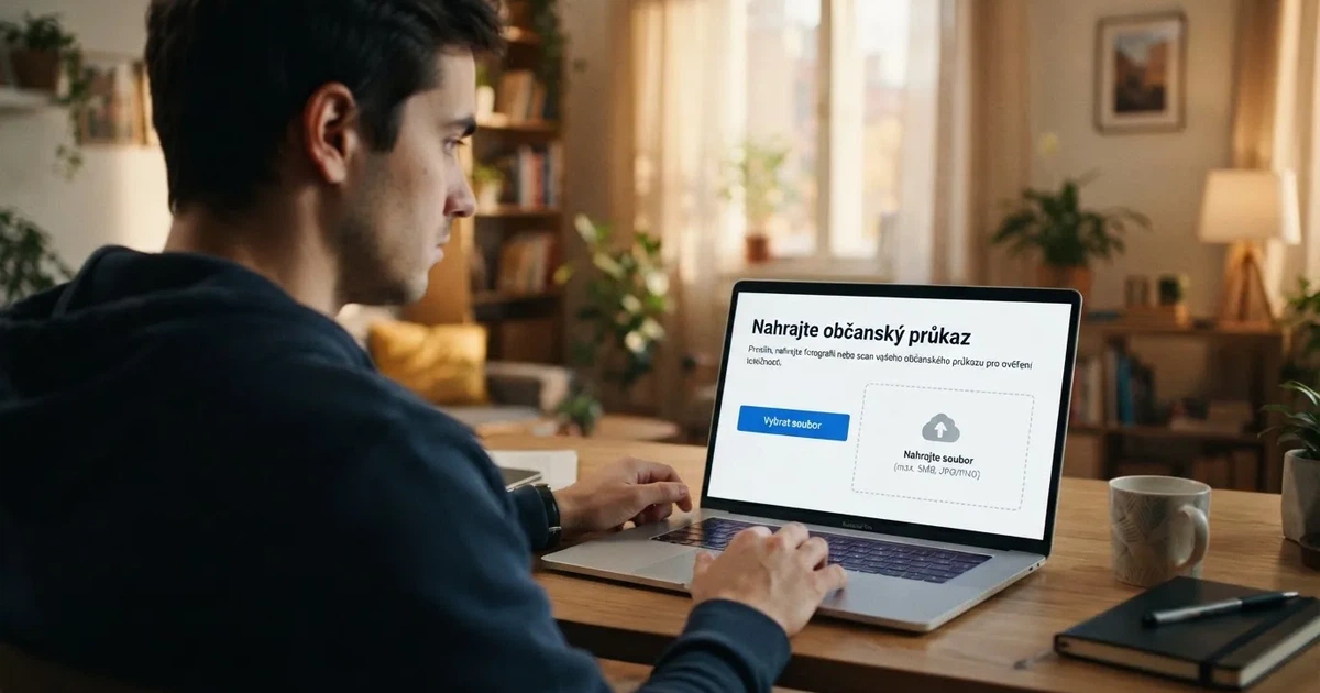 Český hráč sedí u počítače, na obrazovce registrační formulář online kasina s výzvou k nahrání občanského průkazu — vedle něj otazník symbolizující hledání cesty bez dokladů