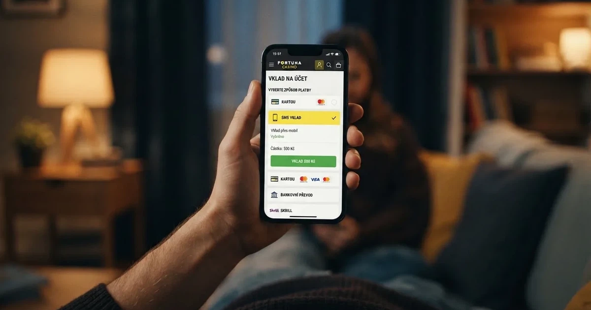 Hráč drží mobilní telefon s otevřenou stránkou online casina, na displeji je zobrazena volba platební metody s možností dobití přes SMS