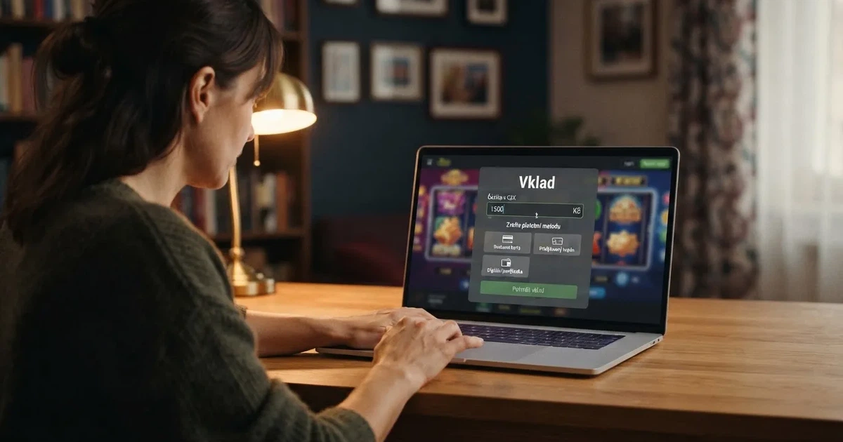 Rozhraní online casina s polem pro zadání částky vkladu a výběr platební metody na obrazovce počítače