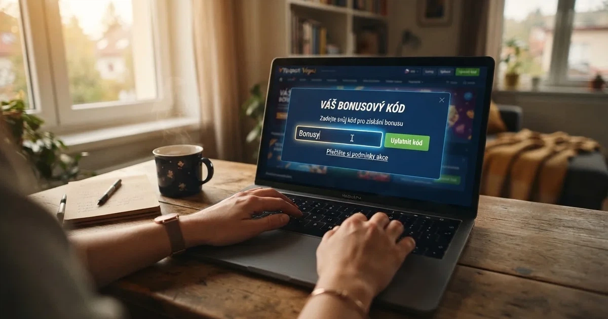 Hráč zadává promo kód do pole Bonusy na obrazovce notebooku v online casinu