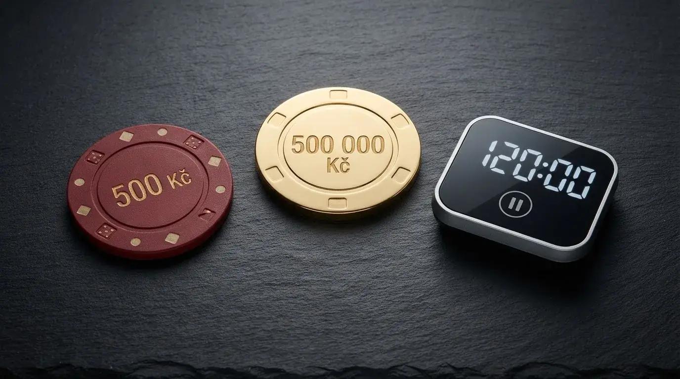 Ikony tří hlavních limitů — maximální sázka 500 Kč, maximální výhra 500 000 Kč a časovač 120 minut s povinnou přestávkou