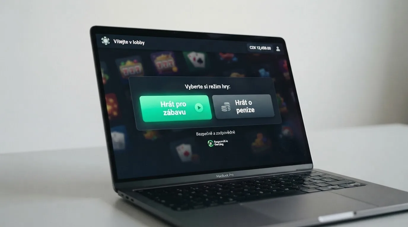 Tlačítko Hrát pro zábavu na webu českého licencovaného casina vedle tlačítka pro hru o peníze
