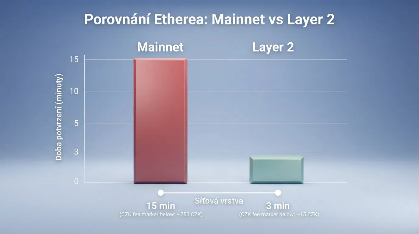 Grafické srovnání poplatků: sloupec mainnet (vysoký) proti sloupci Layer 2 (nízký), pod nimi časová osa potvrzení transakce