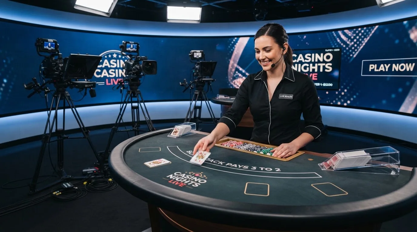 Interiér live casino studia Evolution v Praze s krupiérem u hracího stolu
