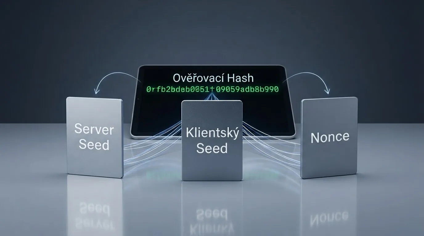 Schéma provably fair mechanismu — server seed, client seed a nonce před a po zatočení, hash na obrazovce