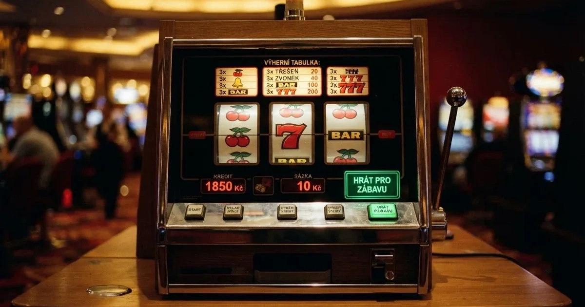 Klasický ovocný automat se třemi válci, symbolem třešní, sedmiček a BARu na obrazovce, v rohu tlačítko „Hrát pro zábavu“