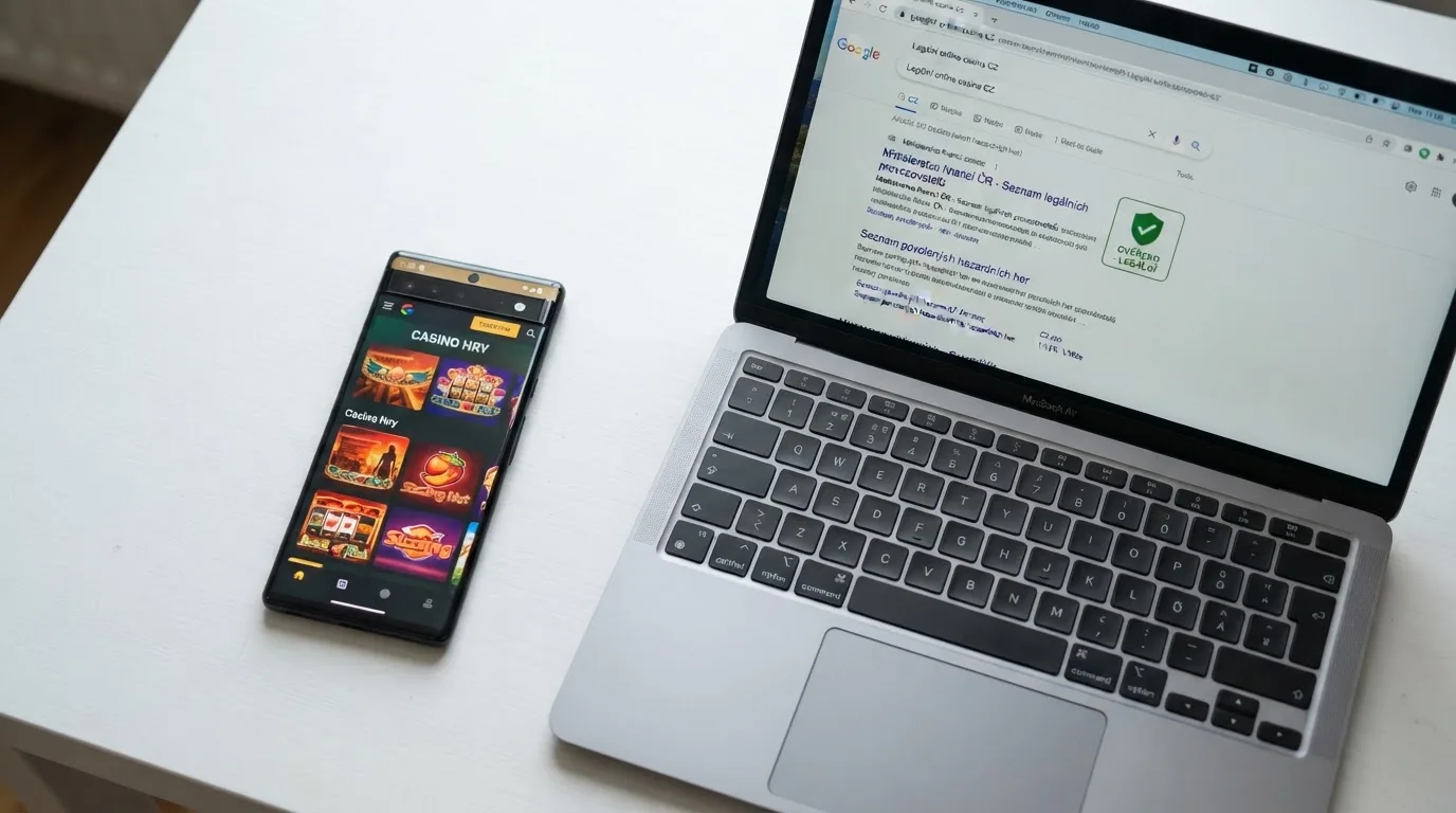 Úřední dokument s logem Ministerstva financí ČR a razítkem vedle mobilního telefonu zobrazujícího loga legálních českých online casin