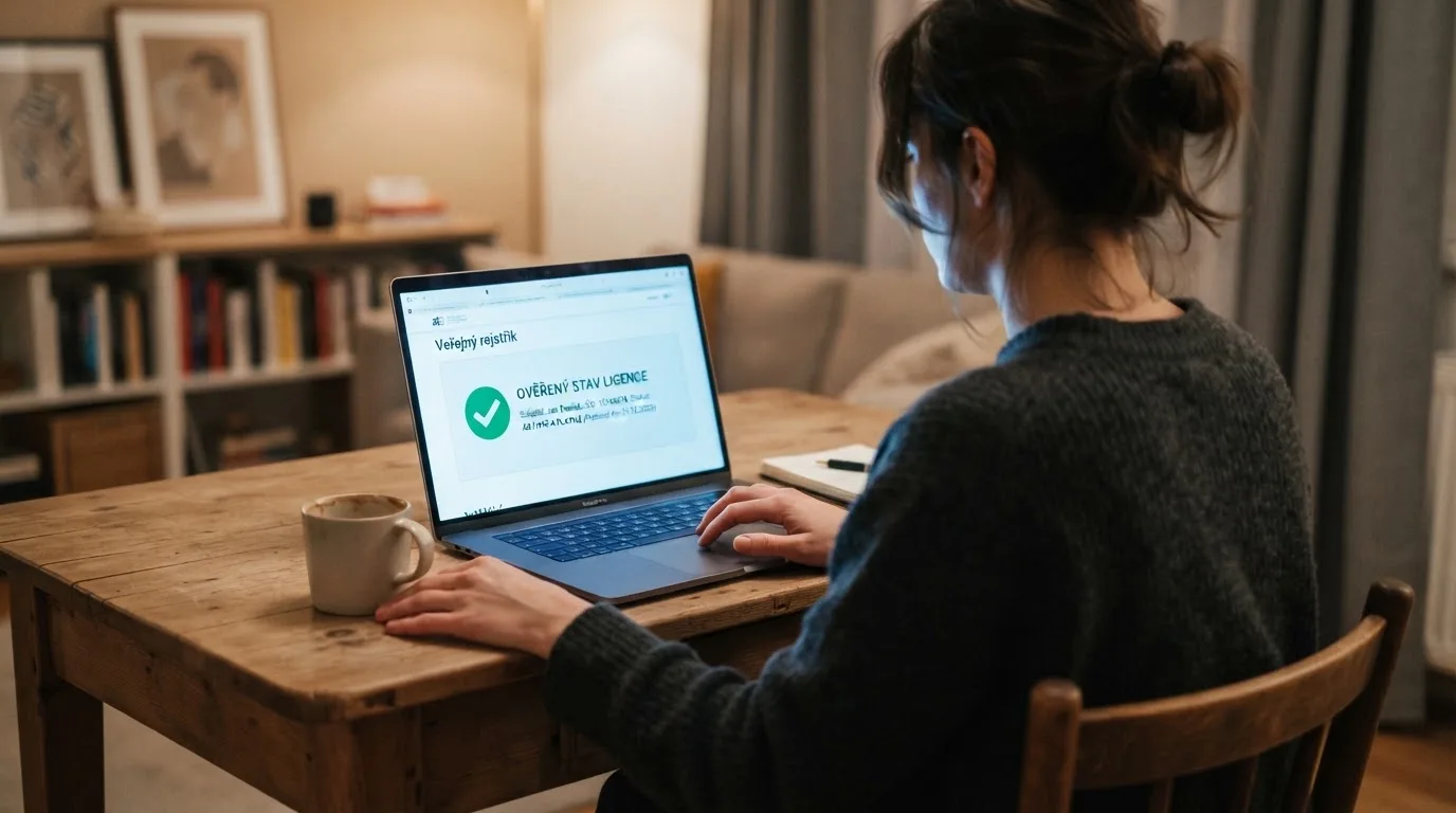 Úřední dokument s razítkem Ministerstva financí ČR vedle loga licencovaného online casina na obrazovce počítače