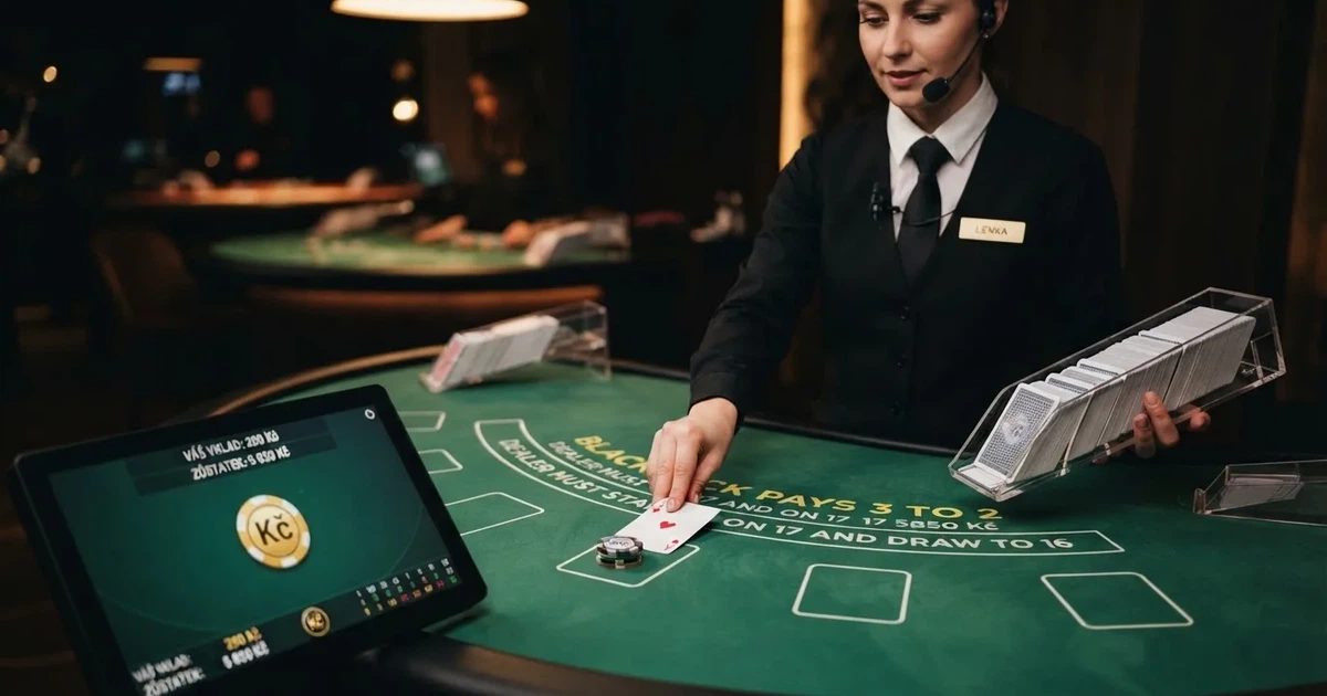 Živý krupiér v profesionálním studiu rozdává karty z reálného shoe na blackjackovém stole, v popředí online sázecí rozhraní na monitoru