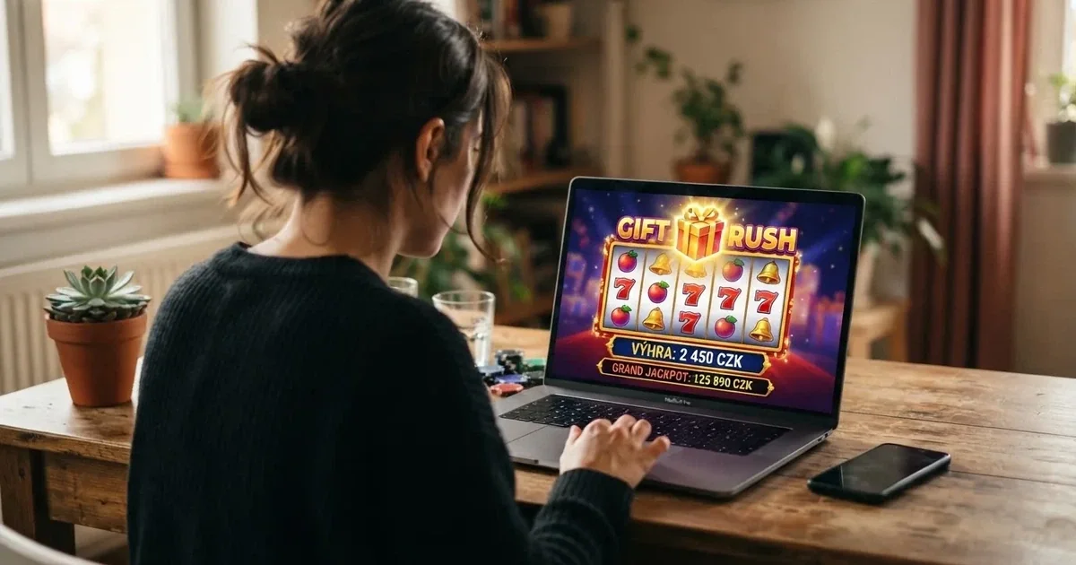 Hráč u počítače s otevřeným online casinem a ikonou dárku k narozeninám na obrazovce