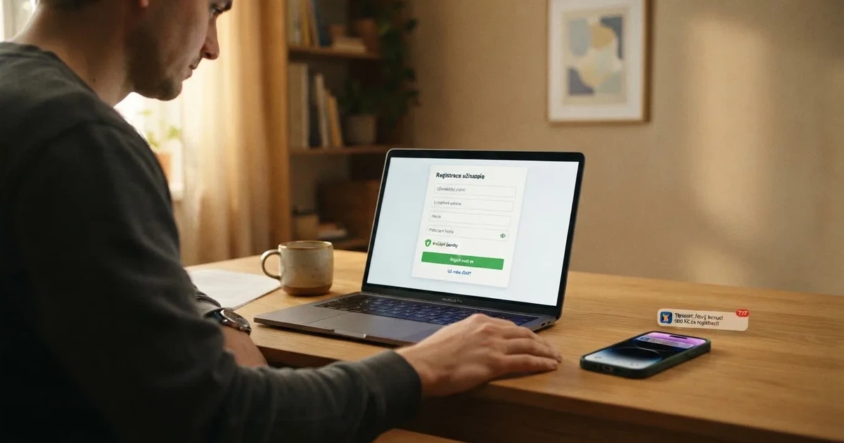 Hráč u notebooku si prohlíží registrační formulář českého online casina s Bank iD přihlášením, vedle něj mobil s notifikací o připsaných free spinech.