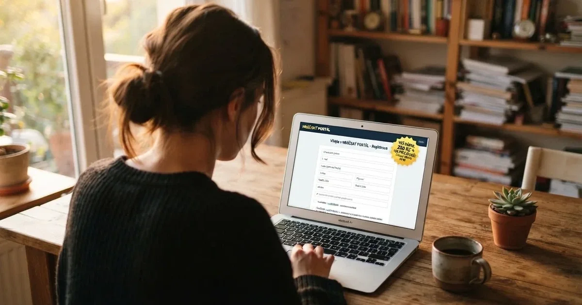 Hráč u notebooku si prohlíží registrační formulář českého online kasina, na obrazovce je vidět pole pro zadání identity a ikona bonusu.