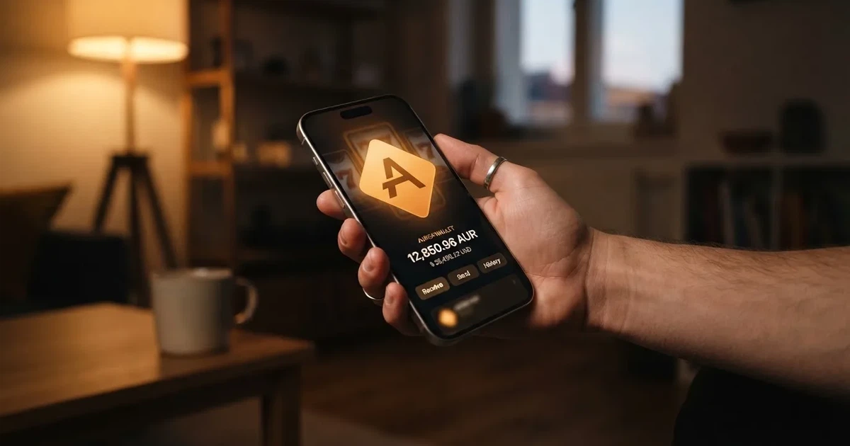 Hráč držící mobilní telefon s otevřenou Ethereum peněženkou a kasinem na obrazovce, vedle ikona etheru