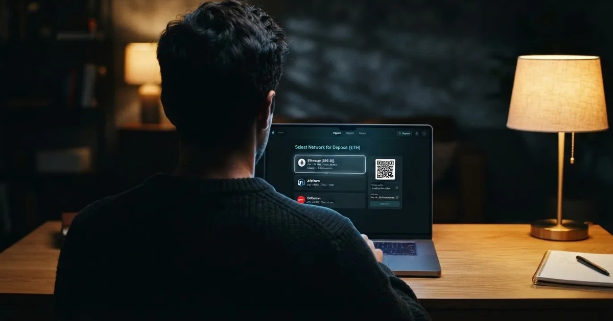 Rozhraní online casina s logem USDT a výběrem sítě vkladu na obrazovce