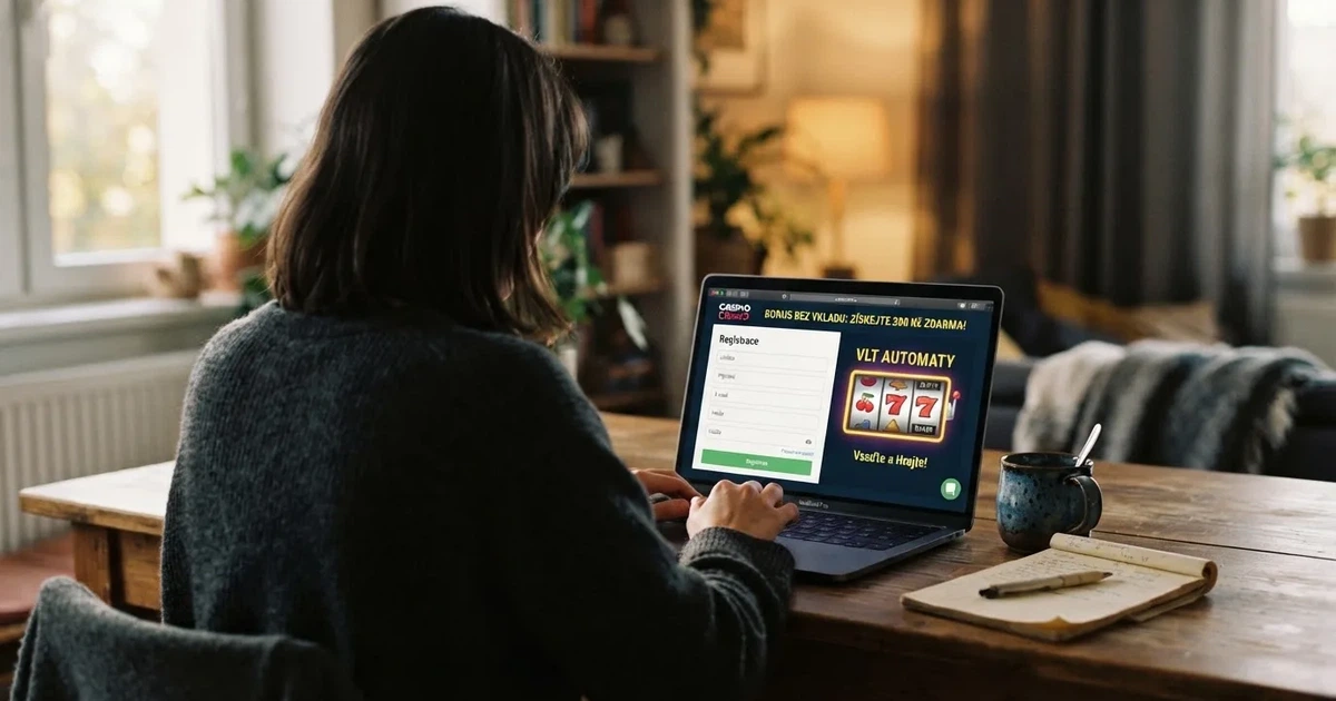 Registrační formulář českého online casina s nabídkou bonusu bez vkladu na obrazovce notebooku