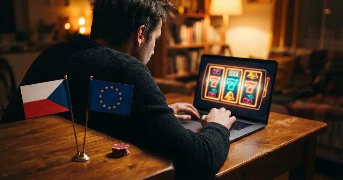 Česká vlajka a vlajka EU vedle sebe na pozadí online casina — kontrast mezi domácí regulací a zahraničním prostředím