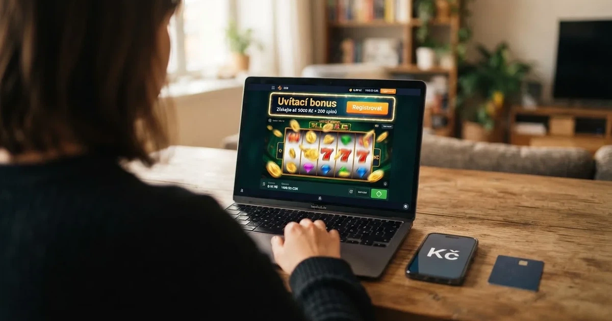 Rozhraní zahraničního online casina s uvítacím bonusem na obrazovce notebooku, vedle něj česká platební karta a mobilní telefon s textem v češtině