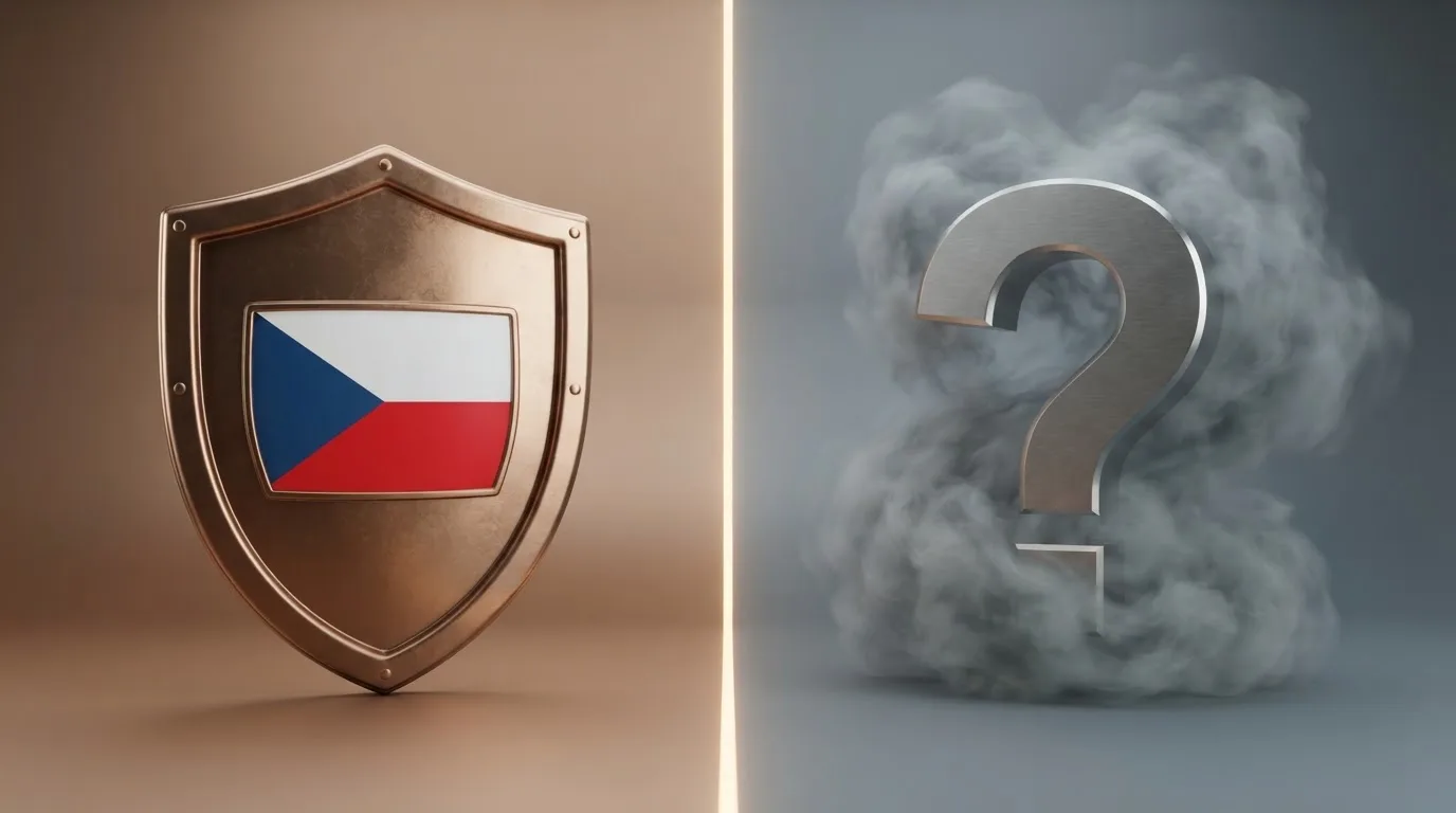 Rozcestník: na jedné straně symbol MF ČR licence a štítu, na druhé šedá zóna s otazníkem