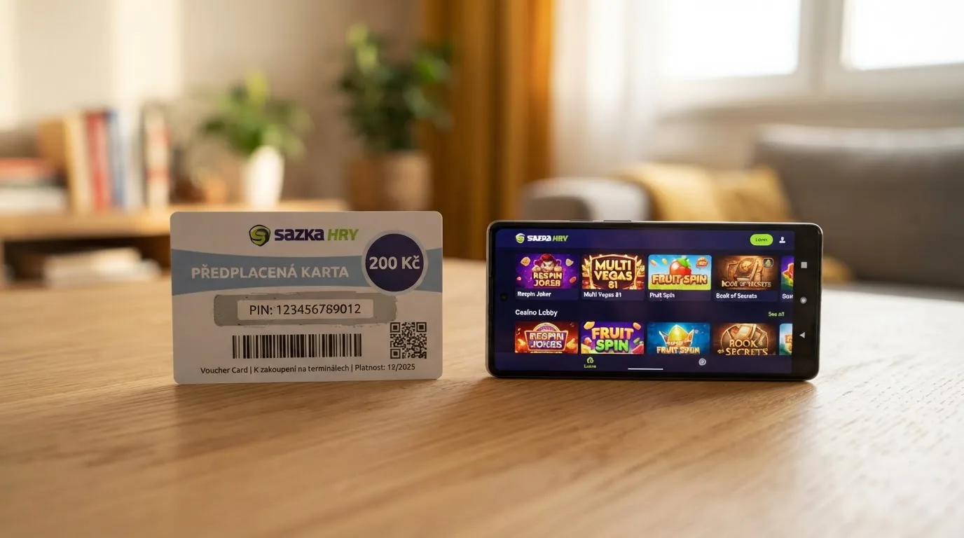 Paysafecard voucher v hodnotě 200 Kč položený vedle chytrého telefonu s otevřenou stránkou casina