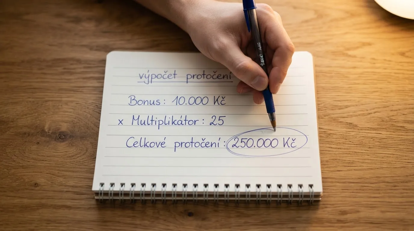 Kalkulačka nebo poznámkový blok s rozpisem protočení: výše bonusu, násobek wageringu, celkový objem sázek