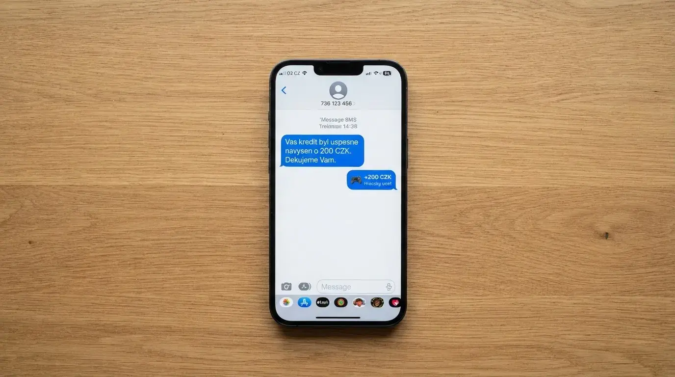 Displej mobilního telefonu zobrazující odeslanou Premium SMS zprávu na číslo platební brány, vedle něj notifikace o připsání kreditu na herní účet