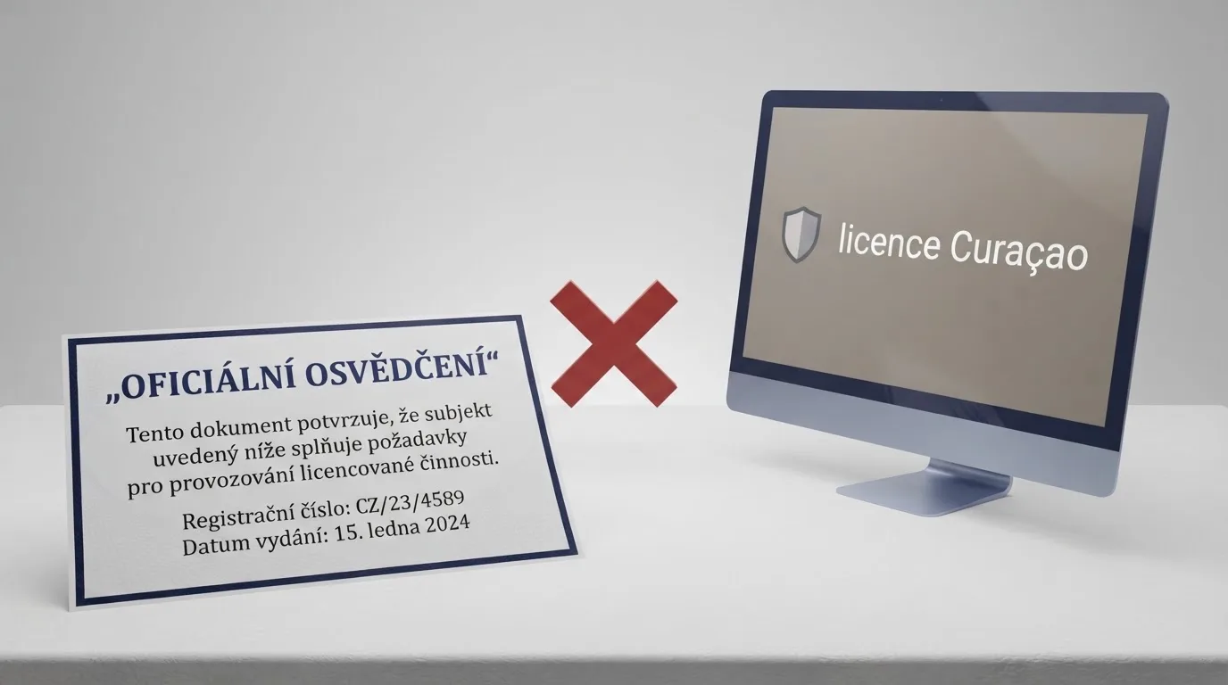 Dokument Ministerstva financí ČR vedle loga offshore kasina s textem „licence Curaçao“ na monitoru, mezi nimi symbol X