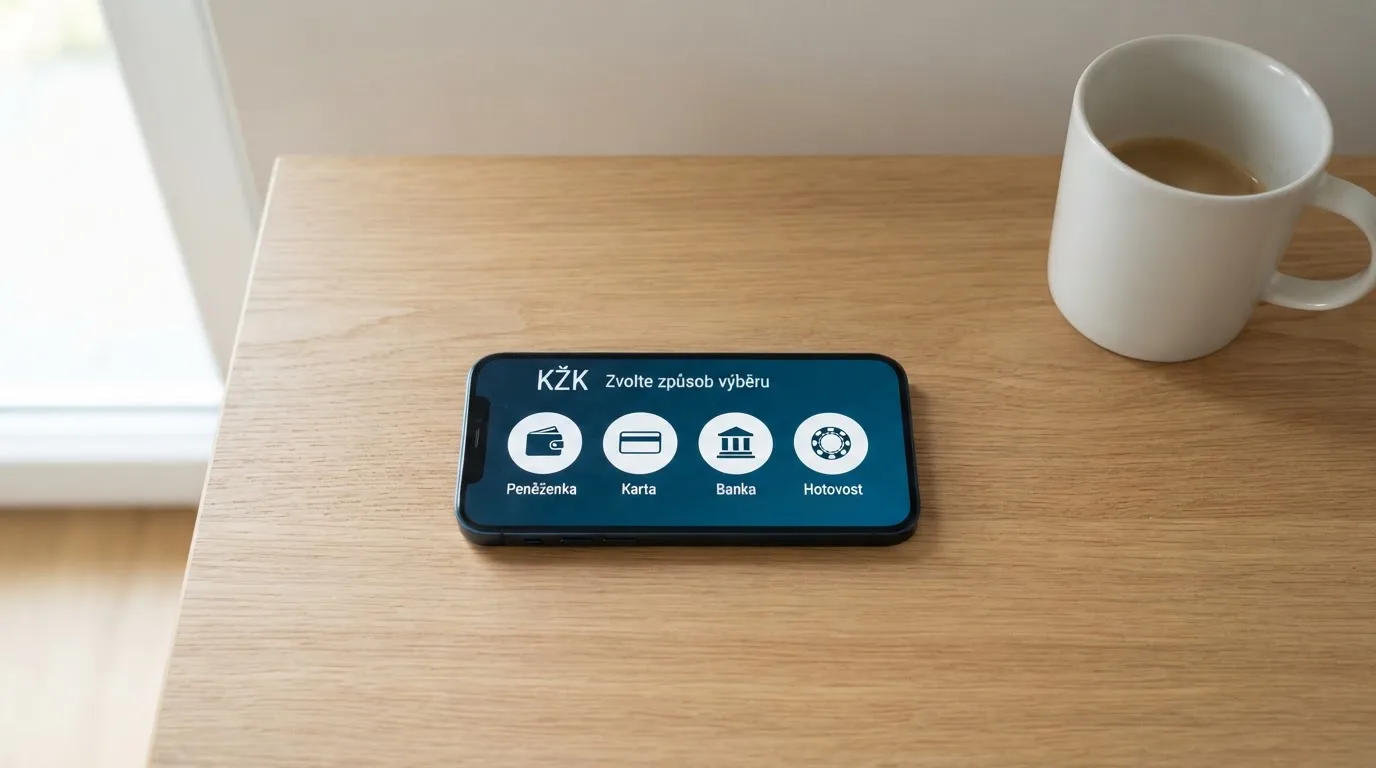 Pět platebních metod pro výběr z online casina — mobilní telefon s e-peněženkou, platební karta, obrazovka bankovnictví, hotovost na přepážce a logo NeteraPay