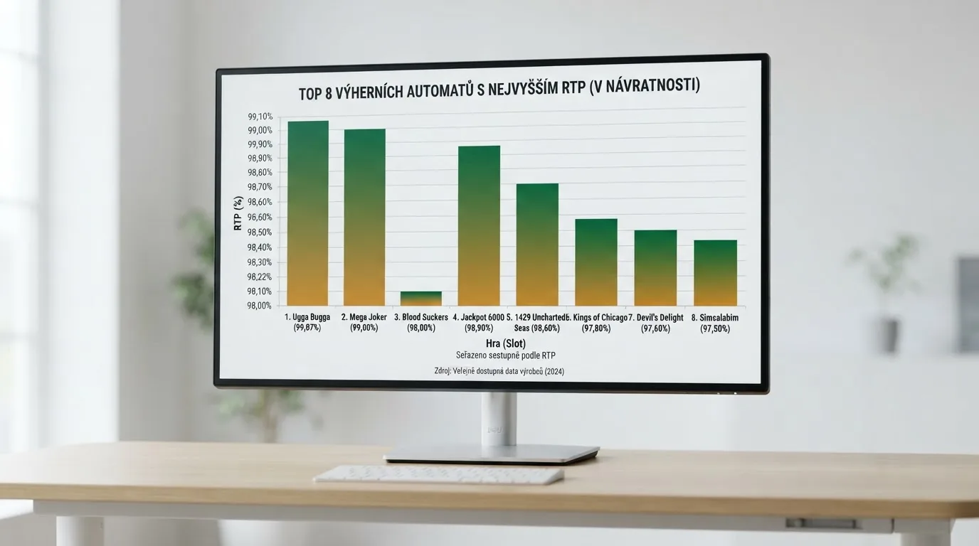 Tabulka automatů seřazených podle RTP s názvy titulů, jmény poskytovatelů a procentuální návratností