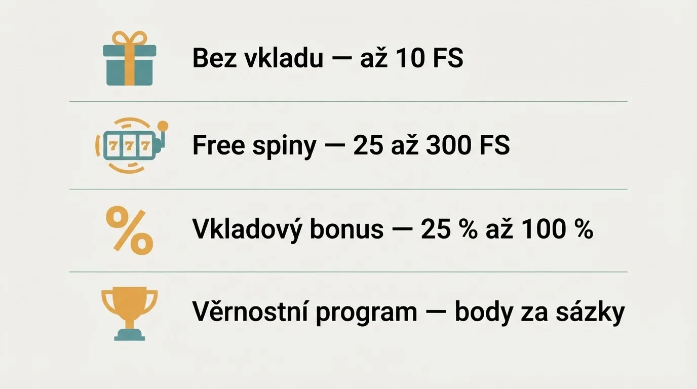 Infografika znázorňující čtyři typy bonusů — bez vkladu, free spiny, vkladový bonus a věrnostní program — s ikonami a typickými hodnotami