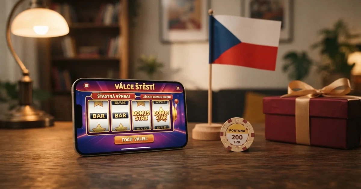 Ilustrace online casina s českou vlajkou a symbolem bonusu — hrací automat, mobilní telefon a ikona dárku