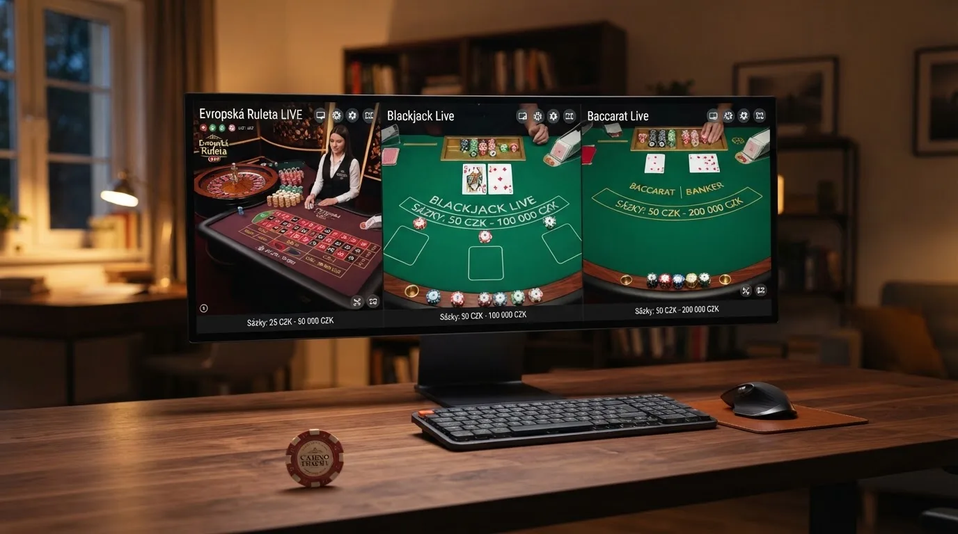 Přehled živých stolních her na obrazovce — ruleta, blackjack a baccarat s viditelnými sázkovými limity